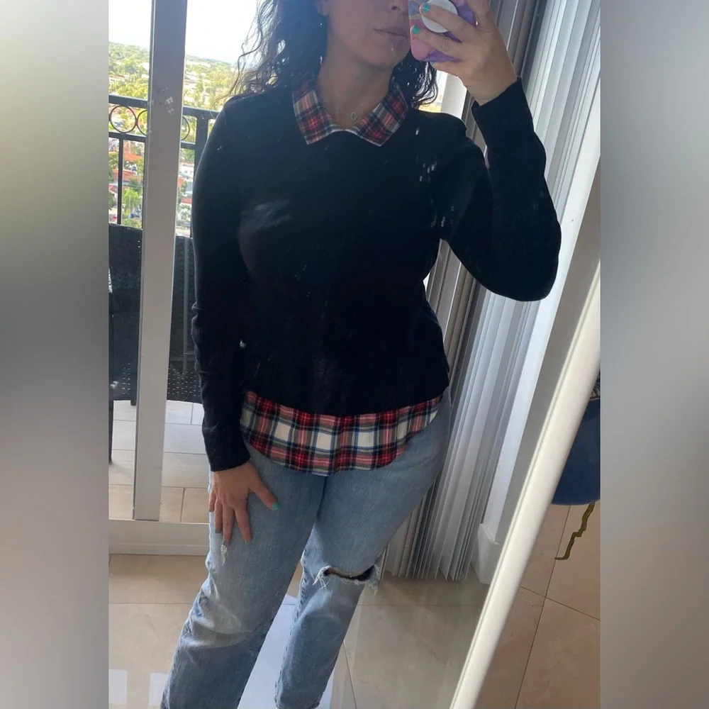 J. Crew Black Top with Red Plaid Collar